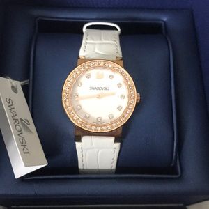 Swarovski Watch white leather strap rose gold face
